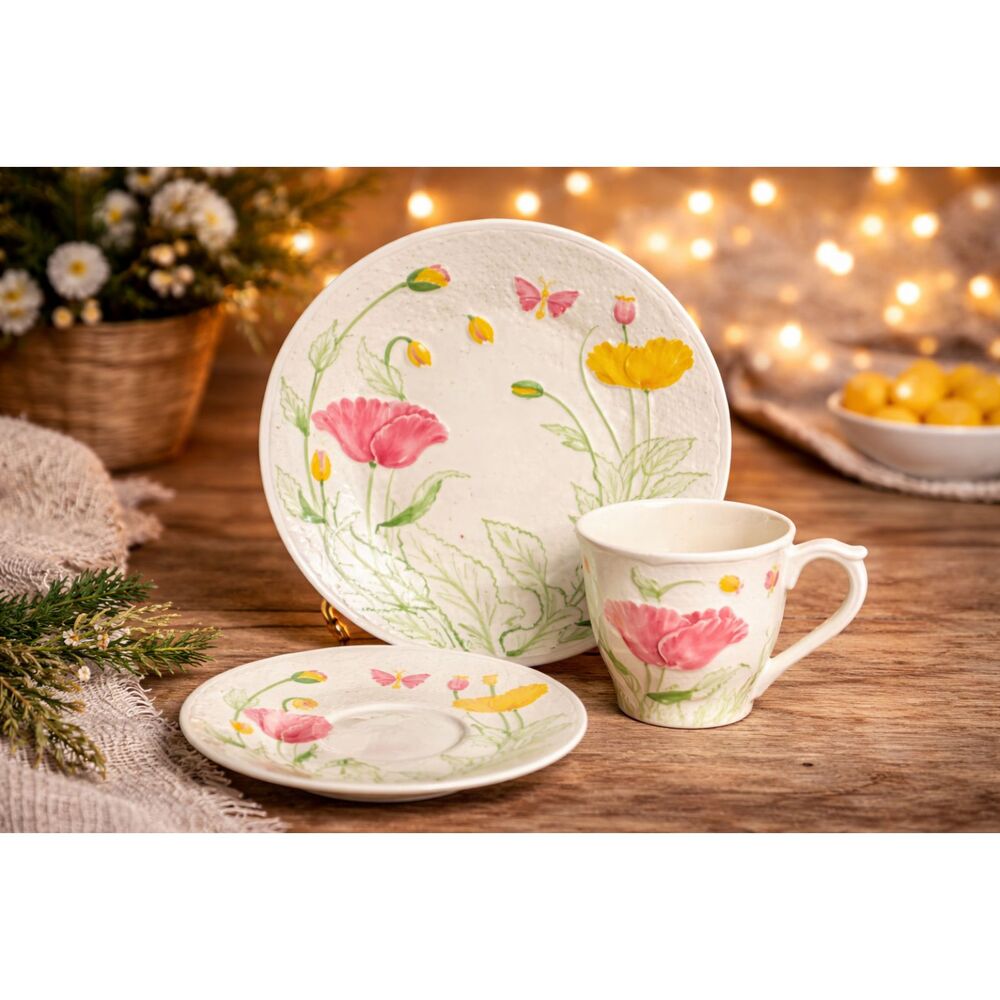 Vintage Gien France Peint Main Floral Trio Made in France 8.5”